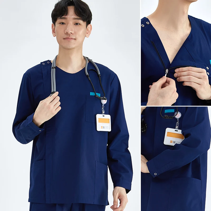 Uniforme médico feminino e masculino, conjunto de esfregões de enfermeira, top de zíper, calça de cordão, túnica fina de urze, pro básico, 2 peças, 205