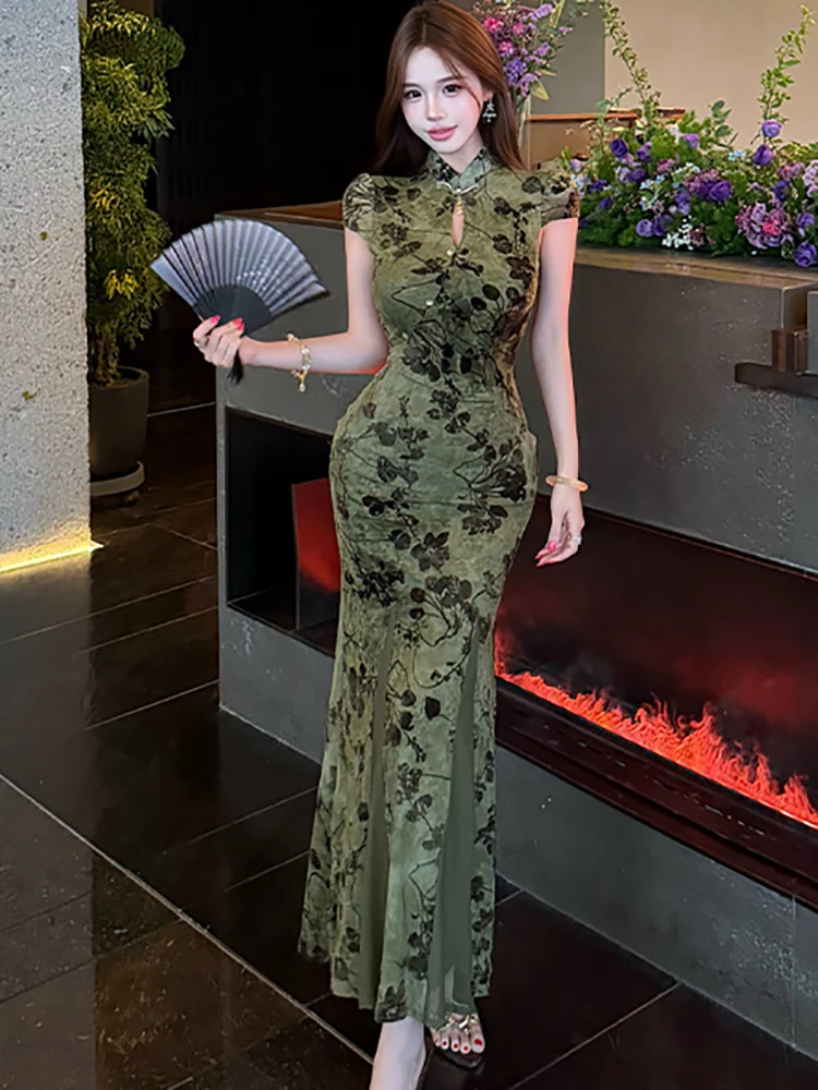 2026 Green Mesh Embroidery Floral Ruffled Long Dress Women Stand Collar Cheongsam Dress Summer Korean Vintage Elegant Prom Dress