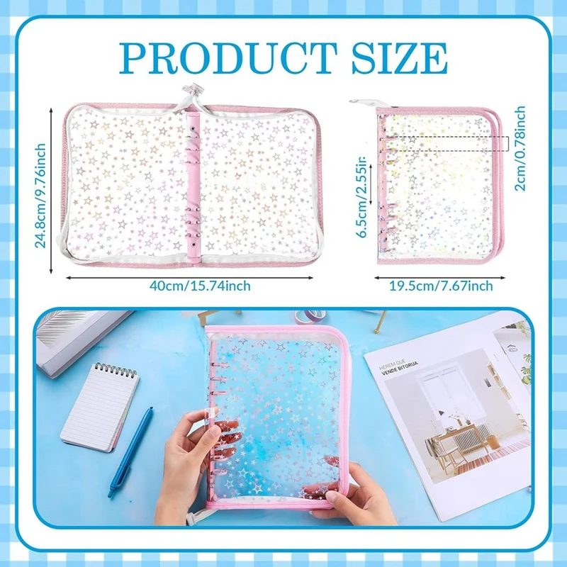 A5 Budget Binder Cover With Zipper, Glitter Stars A5 6 Ring Binder Planner, Clear PVC Refillable Notebook Shell-AT93