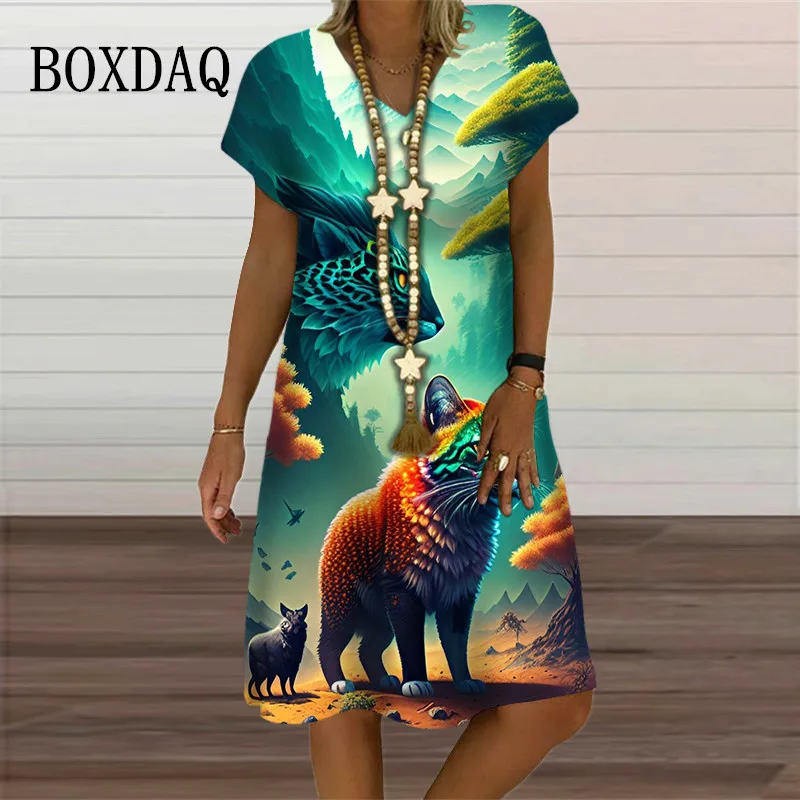 Animal Series Women Cat Dress Elegant Sweet Casual V-Neck Short Sleeve Oversized Dress Summer Vintage Print Loose Ladies Dresses