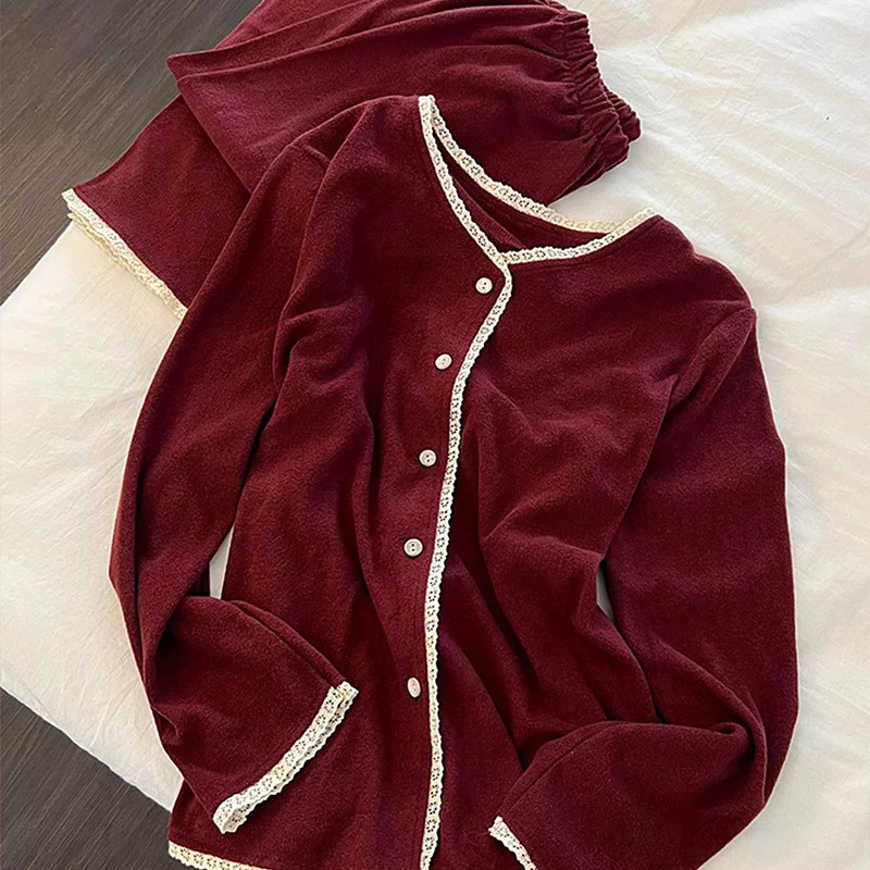 

Красные женские пижамы со штанами, новая утепленная осенне-зимняя женская одежда, бархатная повседневная одежда для сна с длинными рукавами, домашняя одежда