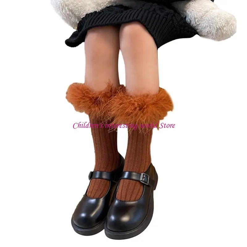 

1 Pair Versatile Solid Plush Socks Children's Lace Trimmed Knee High Pile Socks 425F
