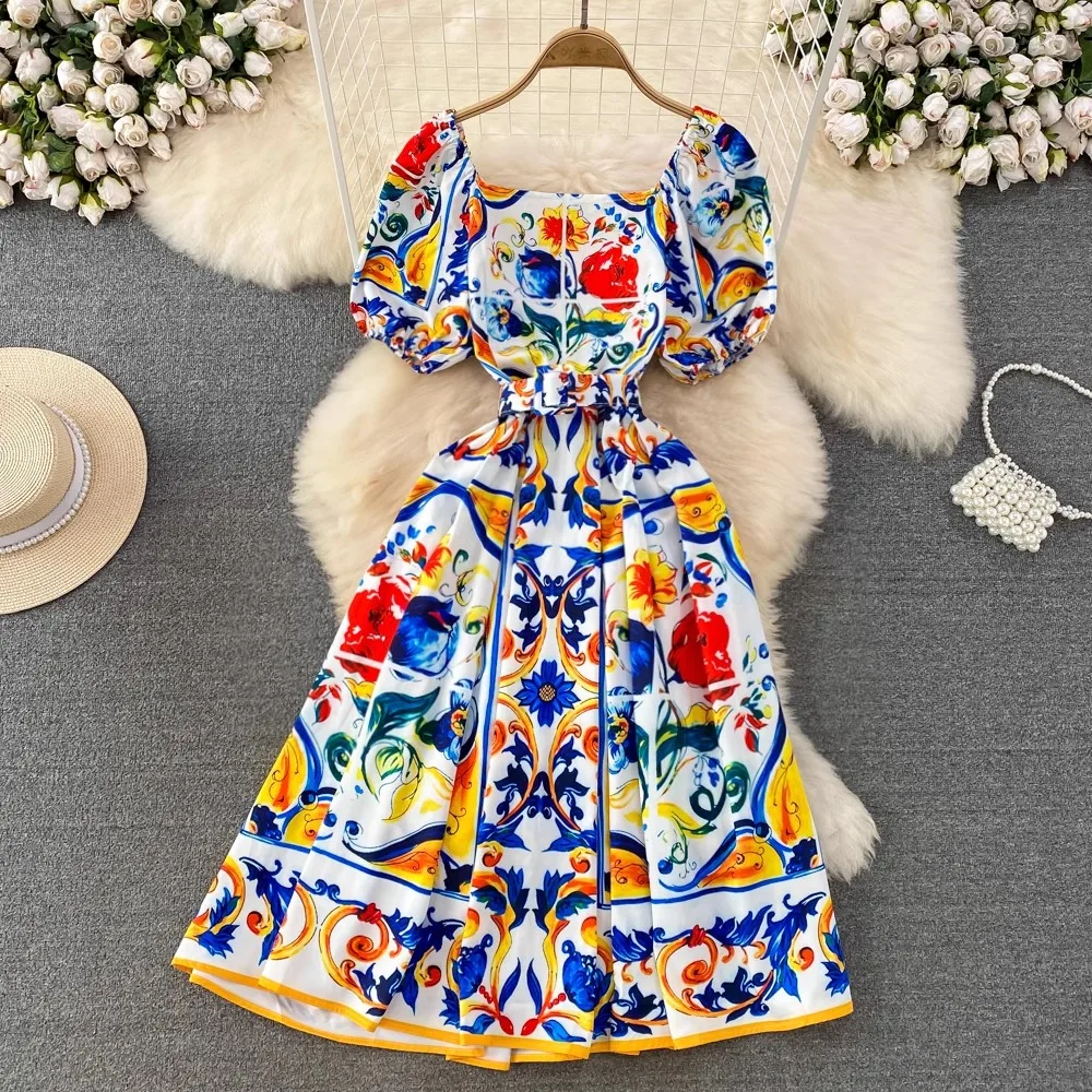 

Summer Runway Blue and White Porcelain Pleated Dress Women's Square Collar Short Sleeve Gorgeous Flower Dress Vestidos N9208