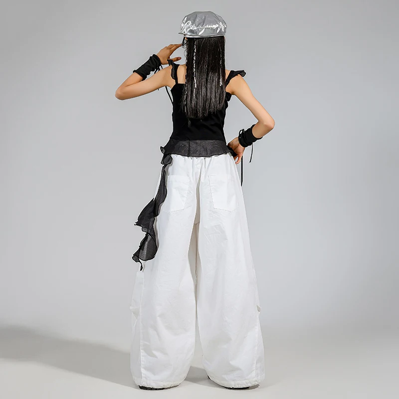 Vêtements de danse Jazz Hip Hop pour filles, Costume Kpop, hauts noirs, pantalons blancs d'été, tenues de pratique amples, Streetwear L16356
