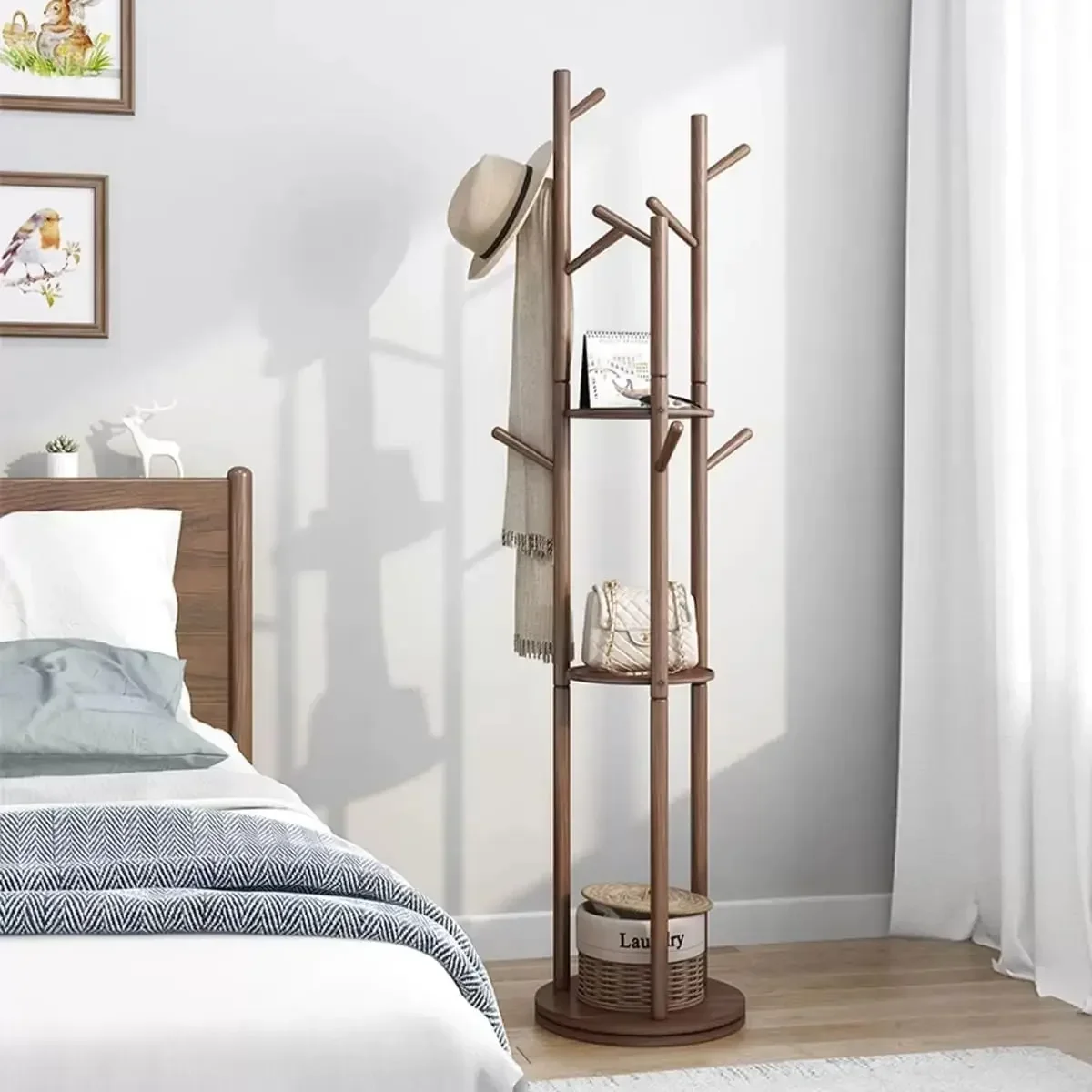 Rotatable Coat Rack,Floor Household Shelf,Solid Wood Frame standing coat rack,Living Room Entrance Bedroom Riser Hanging Rack