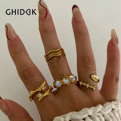 GHIDBK New Fashion Leaf Texture Geometric Moonstone Rhinestone Open Rings for Women Anti-Tarnish Daily Jewelry Birthday Gifts
