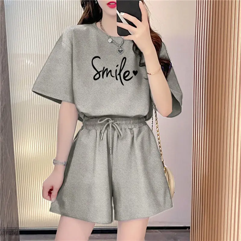 

Summer New Korean Version Large Size Short Sets Women's Cotton Slim Short Sleeve Wide Leg Shorts Casual Sports Two Piece Set