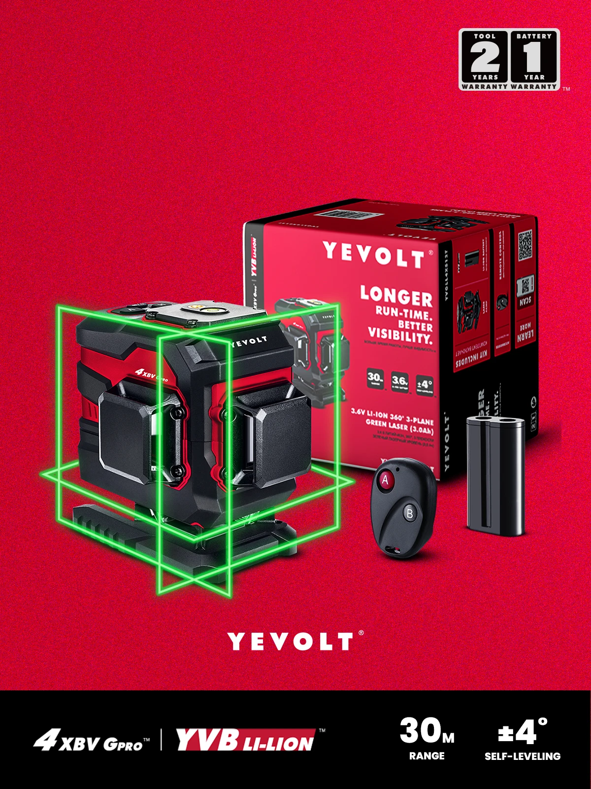 YEVOLT YVGLL4XS12T 3-Plane Laser Level 3D 12-Line Green Beam Ground Line Self-Leveling 360 Machine Horizontal & Vertical Tools