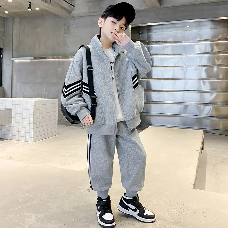 Teen Boys Clothing Set Kids Tracksuit Black Grey Cotton Loose Tops Pants Children Outfits Boy Sportswear 4 5 6 7 8 10 12 14Years image 2