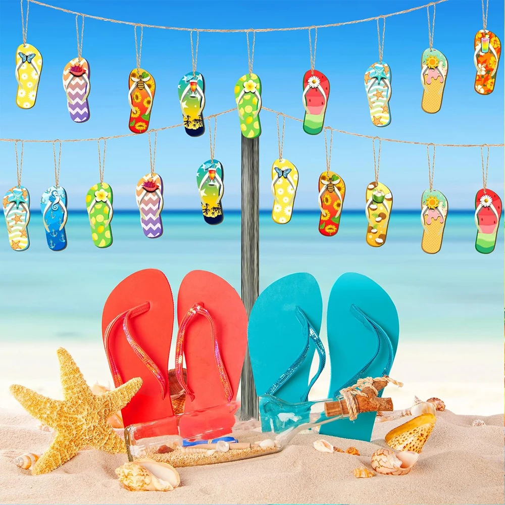 12Pcs Summer Wood Hanging Ornaments Summer Flip Flop Wood Chip Hanging Tree Hanging Ornament Wood Tags Colorful Ornament image 6
