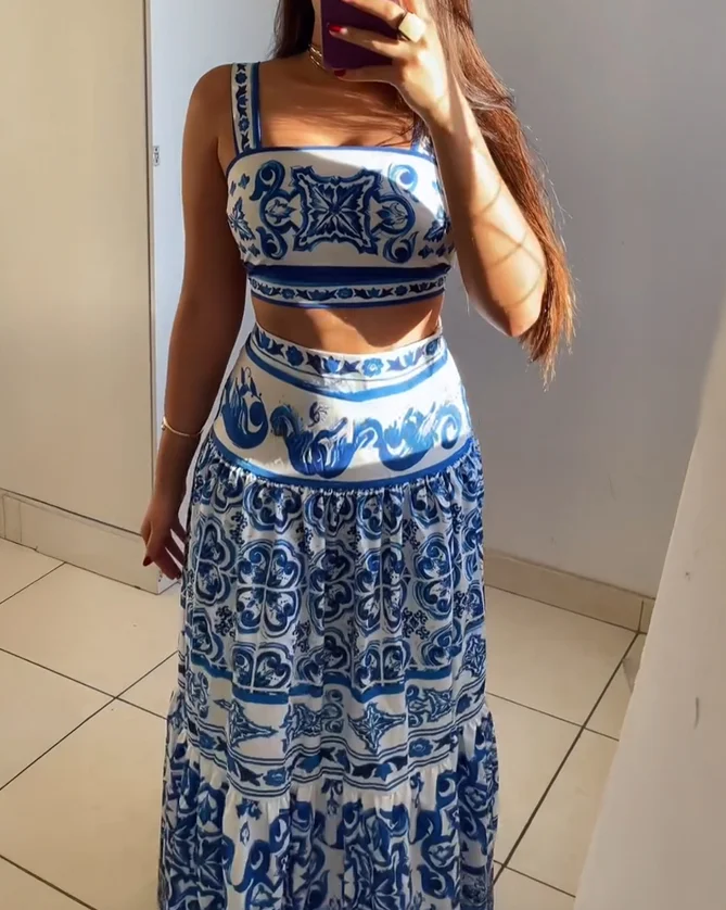 

Women's Sexy and Sweet Suit 2025 Spring Summer Latest 2 Pieces Outfit Tribal Print Square Neck Crop Top Casual Ruched Skirt Set
