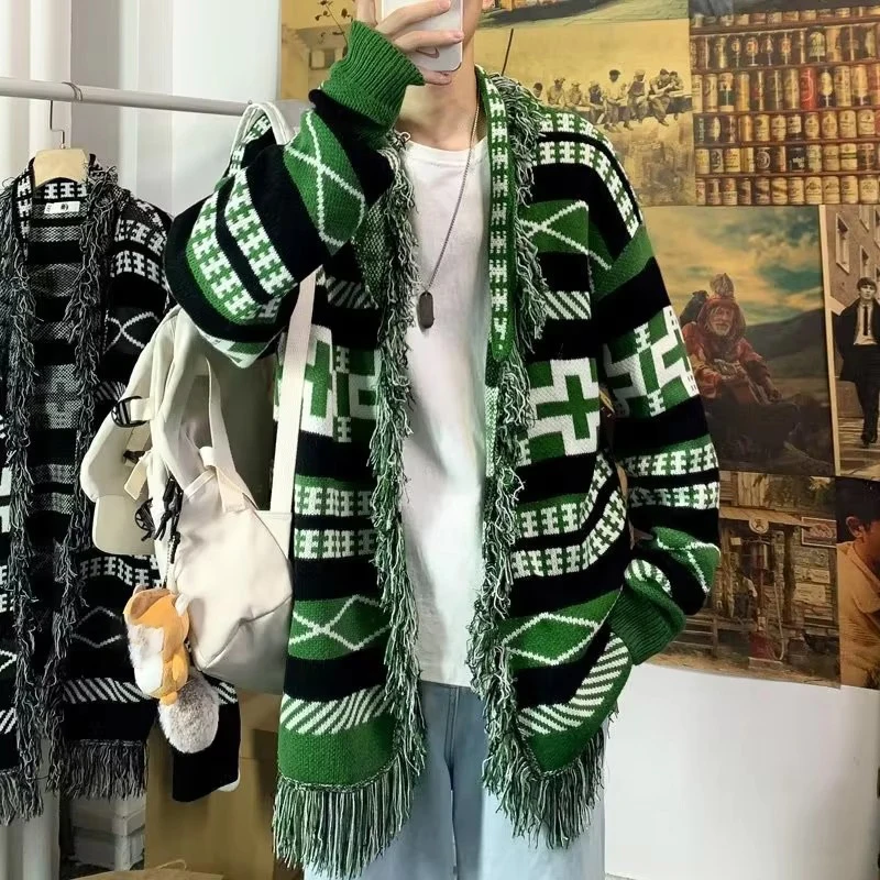 

Ethnic Style Knitted Cardigan Men Loose Lazy Tassel Sweater Shawl Autumn Winter Hip Hop Couple Knitting Top Coat Streetwear