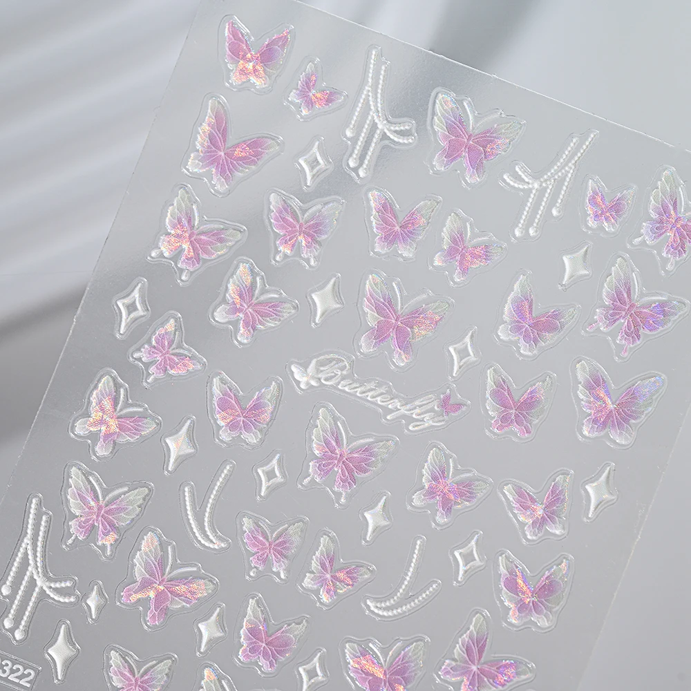 1Pcs Aurora Shell Light Butterfly Nails Stickers Glitter Pink Flowers Self Adhesive Slider Kawaii Butterflies Manicure Decals &# image 3
