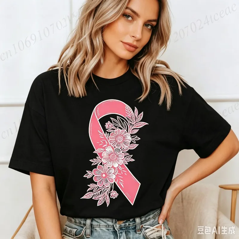 Pink Ribbon Flower T Shirt Women Breast Cancer Awareness Print Modal Tee Casual Short Sleeve Tops Hope Support Survivor Gift