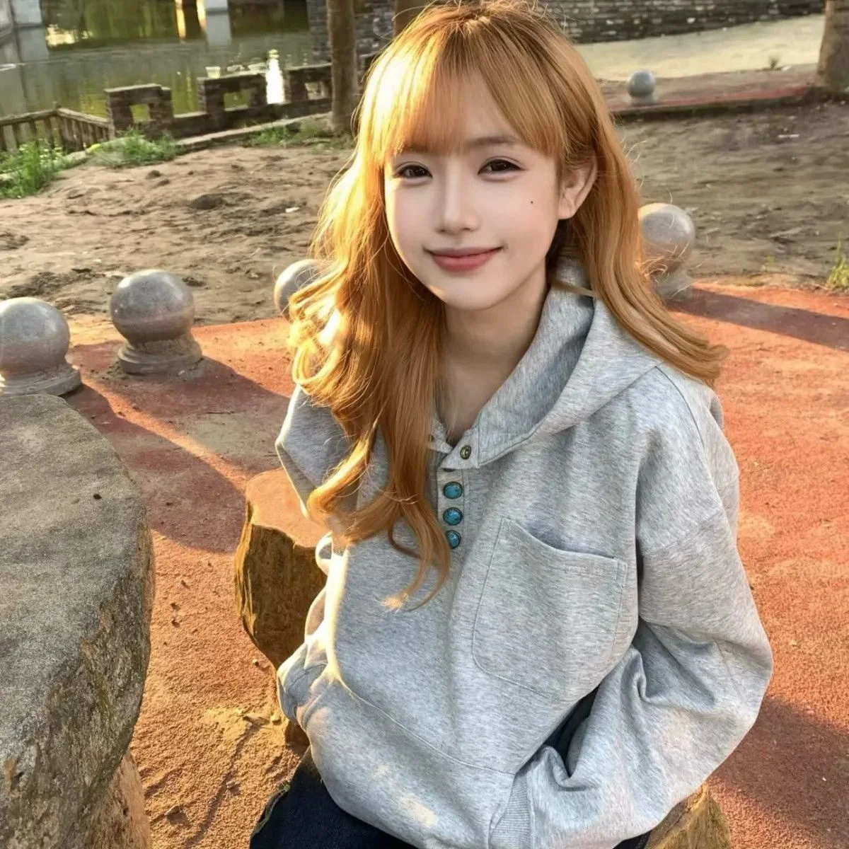 

Unisex Heather Gray Oversize Hoodie - Turquoise Button Half Placket Hooded Sweatshirt with Pockets, Lazy Casual Autumn Winter