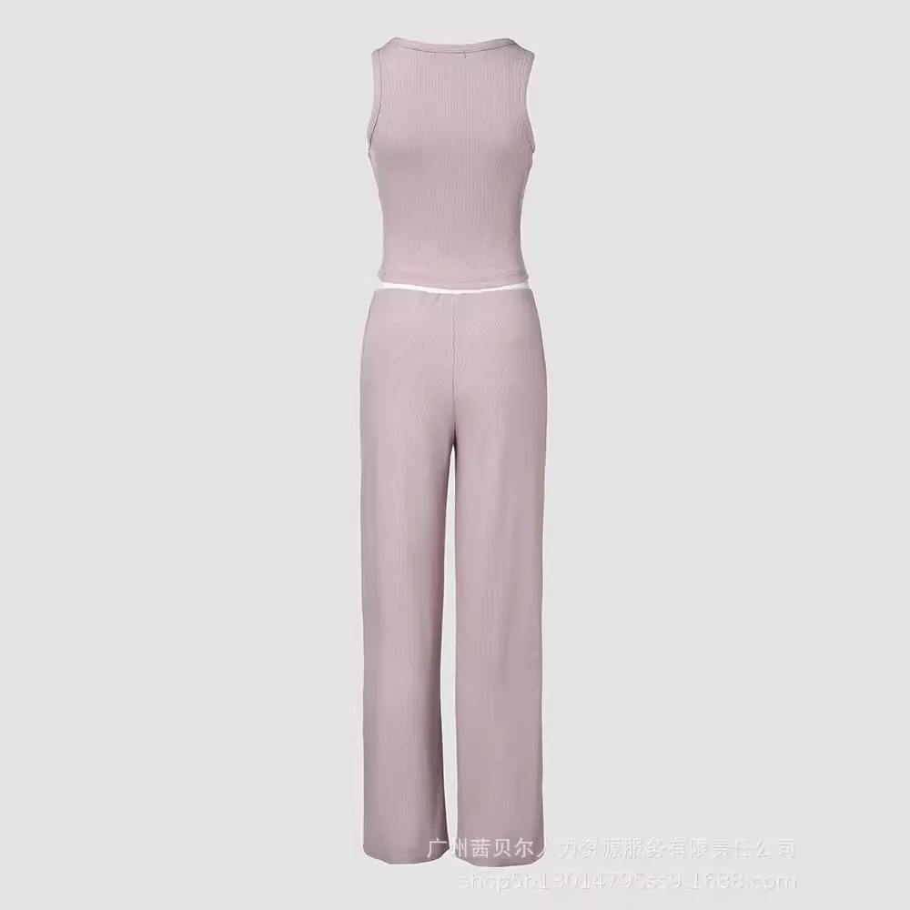 Two Piece Sets Pant Set Women Matching Sets V Neck Sleeveless Vest Tops Sexy Lace Up High Waist Casual Long Straight Pants