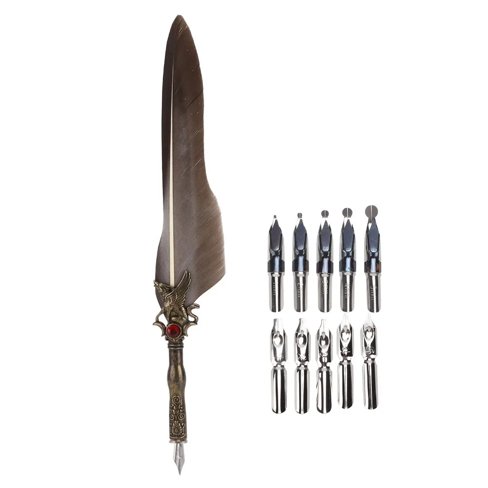 Stainless Steel Feather Quill Carved Pattern Smooth Nib Vintage Signature Pen Feather Shaft Retro Texture Dip Pen
