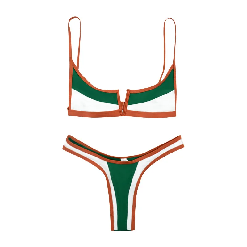 Cikini Summer Bikini Multi-Color Splicing Collar V Button Decor Swimsuit Set For Beach Holiday