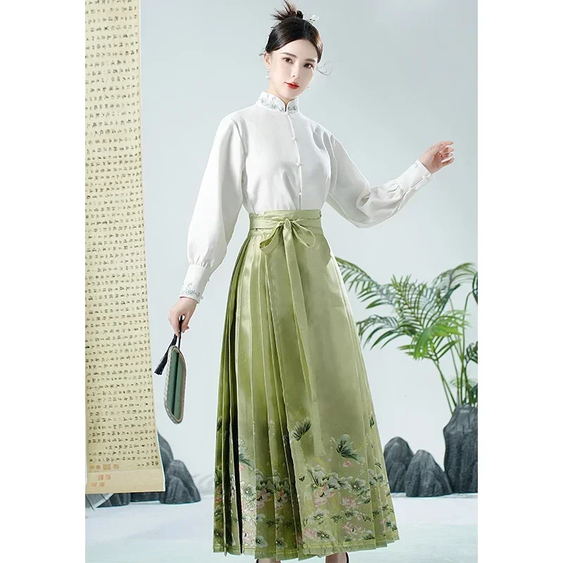 Round Neck Shirt Chinese Style Dress Women Hanfu New Chinese Style High-End Green Embroidery Flower Horse-Face Skirt