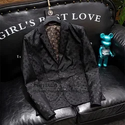 Fashion Black Jacquard Men Suits Notched Lapel Groom Wedding Tuxedos 2 Pieces Sets Classic Male Prom Party Blazers Ropa Hombre