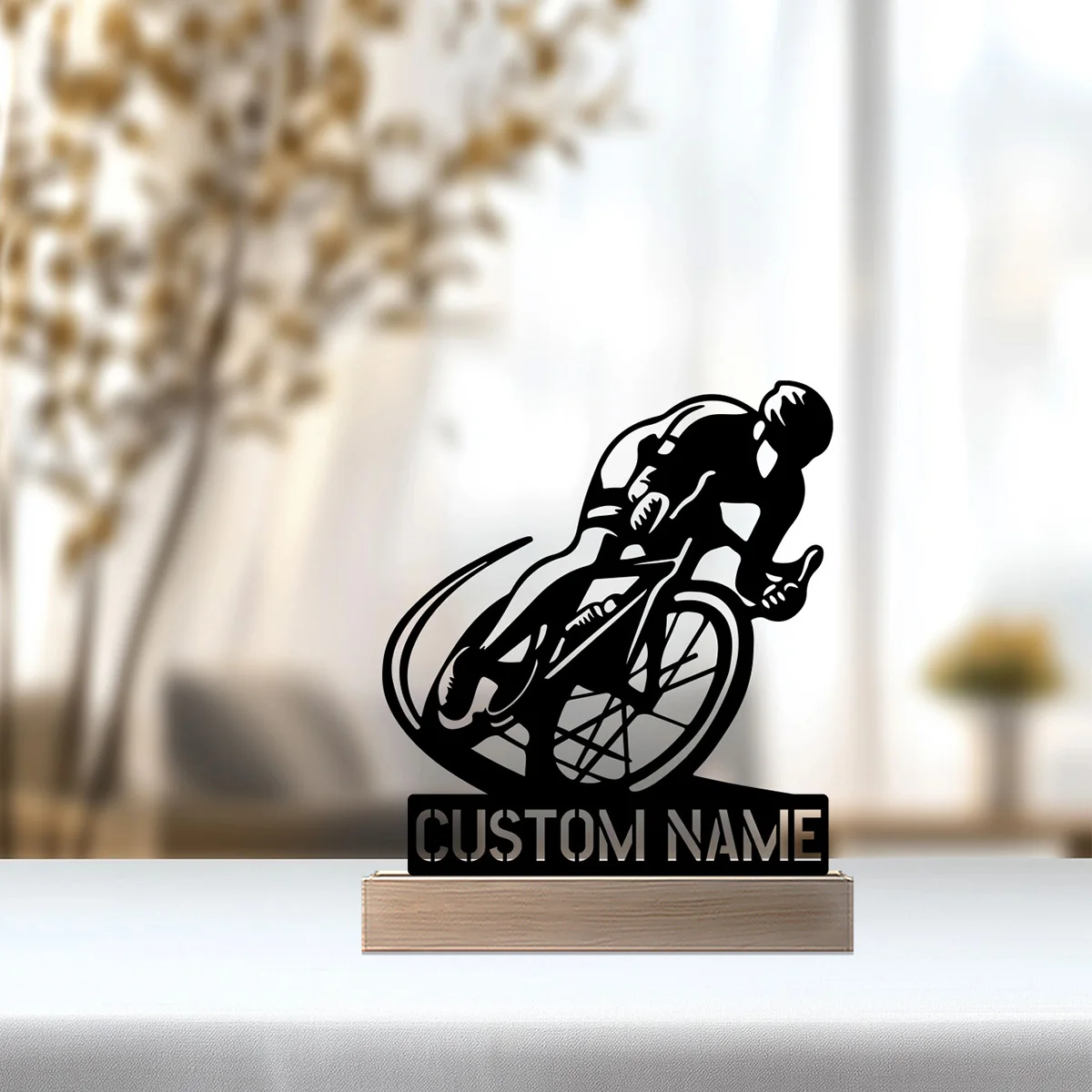 รูปปั้นจักรยานทันสมัยแบบเฉียง 1 ชิ้น พร้อมฐานไม้ งานโลหะสั่งทำพิเศษ ประดับตกแต่งด้วยเหล็กและงานฝีมือจากโลหะดีบุก พร้อมฐานไม้