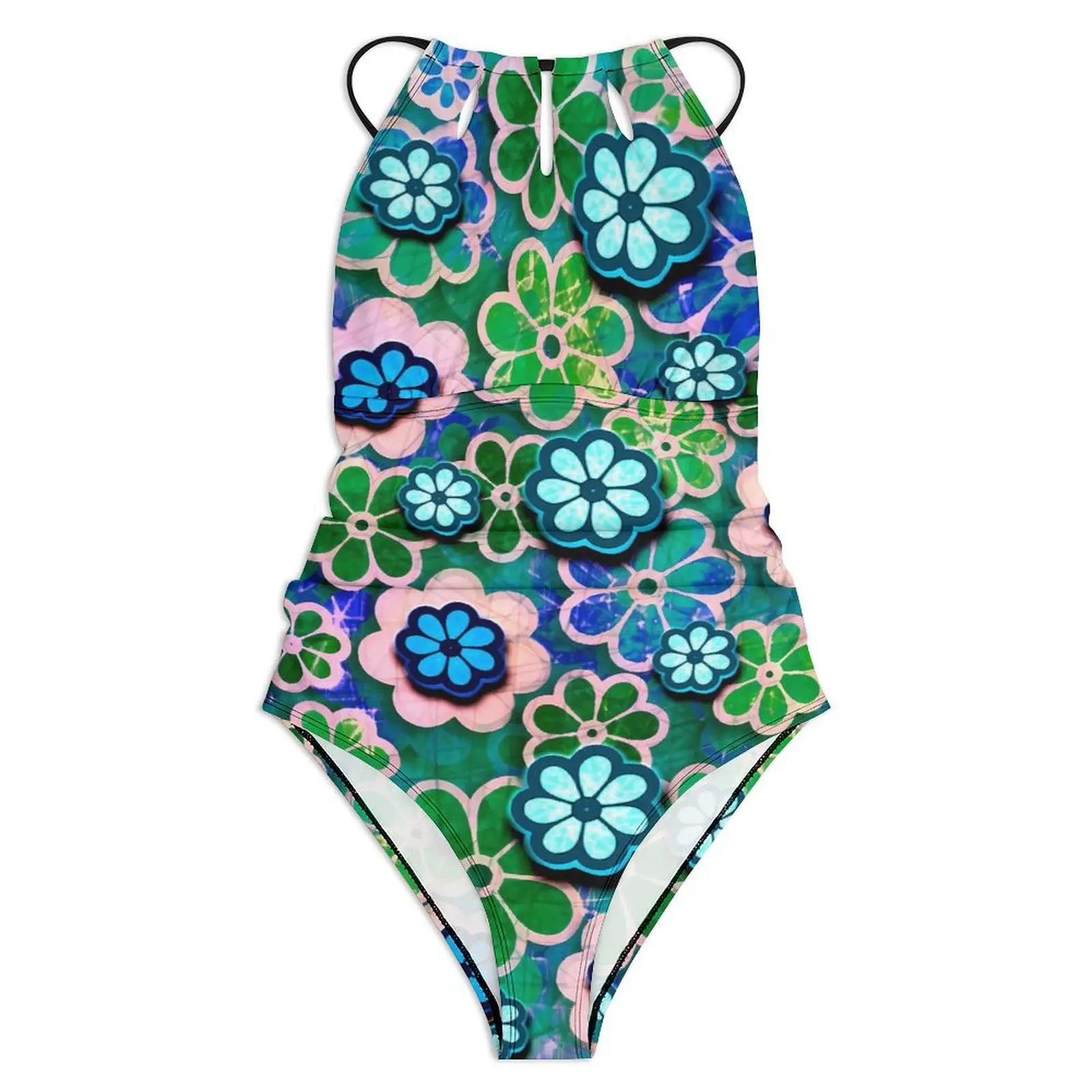 Hippie Flower Power Swimsuit Floral Print Women Swimwear One Piece Fashion Bodysuit Vacation Bath Push Up High Cut Bathing Suits