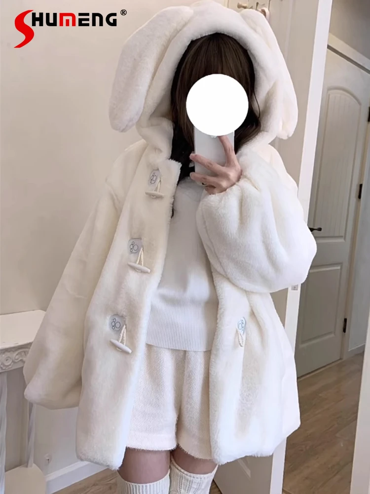 

Japanese Style Sweet Lolita Long Faux Fur Autumn Winter Women's Warm Thickened Loose Slim Cute Rabbit Ears Hooded Fur Coats