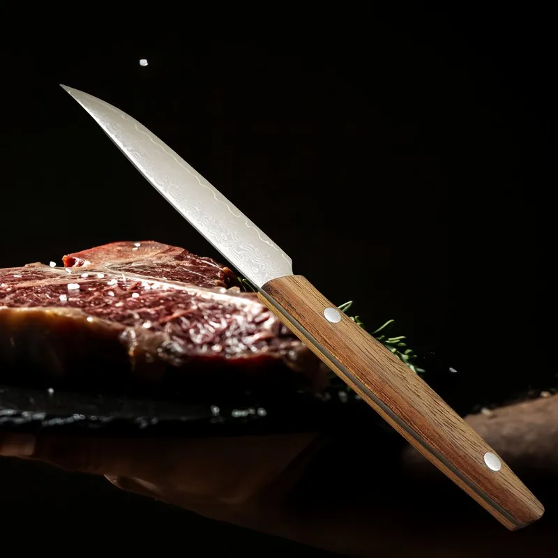 4 Inch Steak Knife With Cover Damascus Steel Blade Sharp Peeling BBQ Cleaver Utility Kitchen Knife Wood Handle Cooking Tools