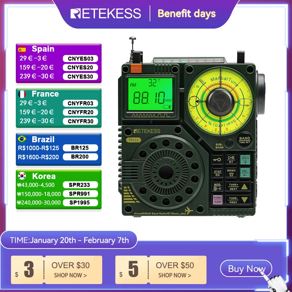 Retekess TR112 Radios Portable AM FM Radio Receiver Ham Radio Emergency Amateur Shortwave Radio SW AIR Band VHF WB Alarm Clock