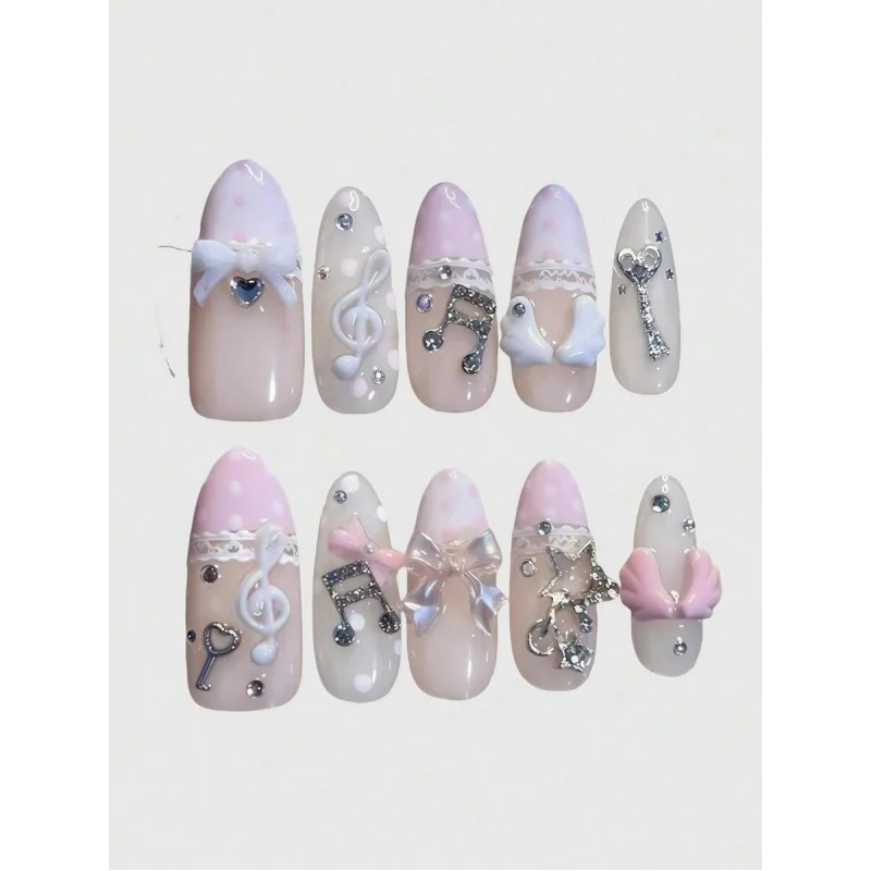 

ROMWE Kawaii Cute Lace Edged Romantic Heart Ballerina Style Bow White Wings Metal Music Note Pink Series Handmade False Nail