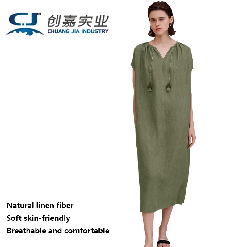 Linen Women's Sleeved Dress Original Design Light Brown Pullover Mid-length Dress Loose Plus Size 3XL Fat Girl 100KG Clothing