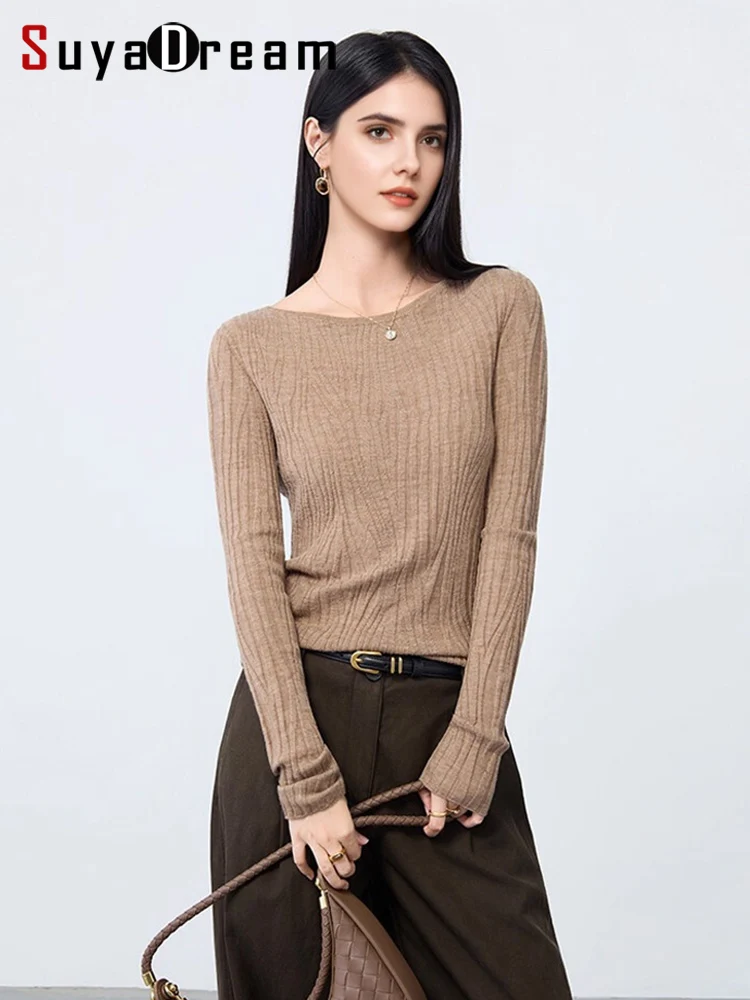 

SuyaDream, Women Round Neck Pullovers, 100%Merino Wool, Soft Slim Sweaters, 2025 Fall Winter Solid Top, White, Grey, Camel