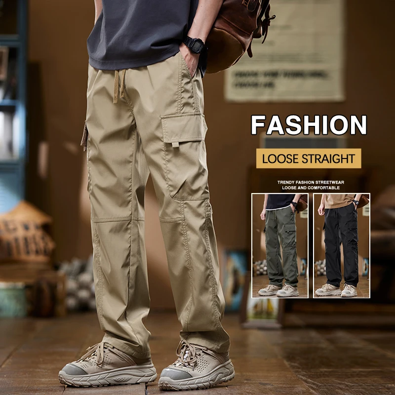 

Summer Thin Men's Overalls Pants Loose Straight Leg Multi-pocket Design Outdoor Jogging Hiking Drawstring Trousers Black Green