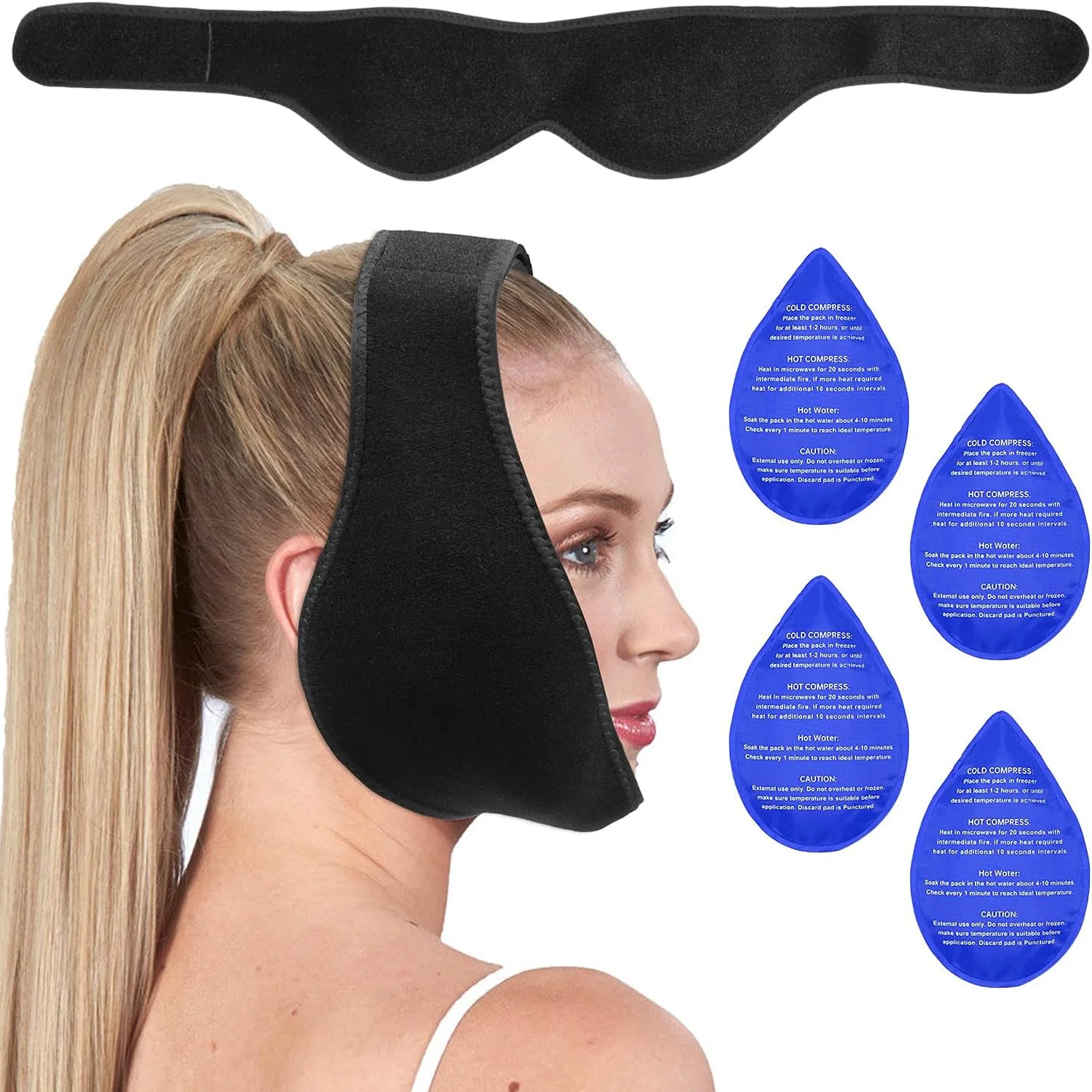 LotFancy Face Ice Pack Wrap with 4 Reusable Hot & Cold Gel Packs – Cooling & Warming Comfort for Face, Head & Jaw, Blue
