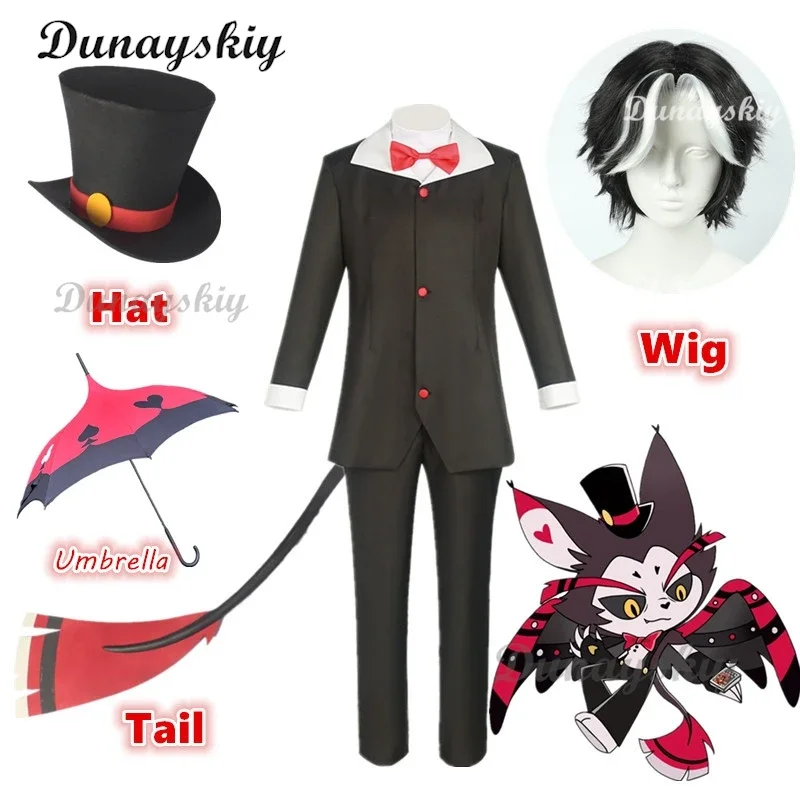 Husk Cosplay Costume Wig Hazbin Cosplay Hotel Husk Halloween Party Cosplay Black Outfits Hat Ears Eyebrows Tail Prop