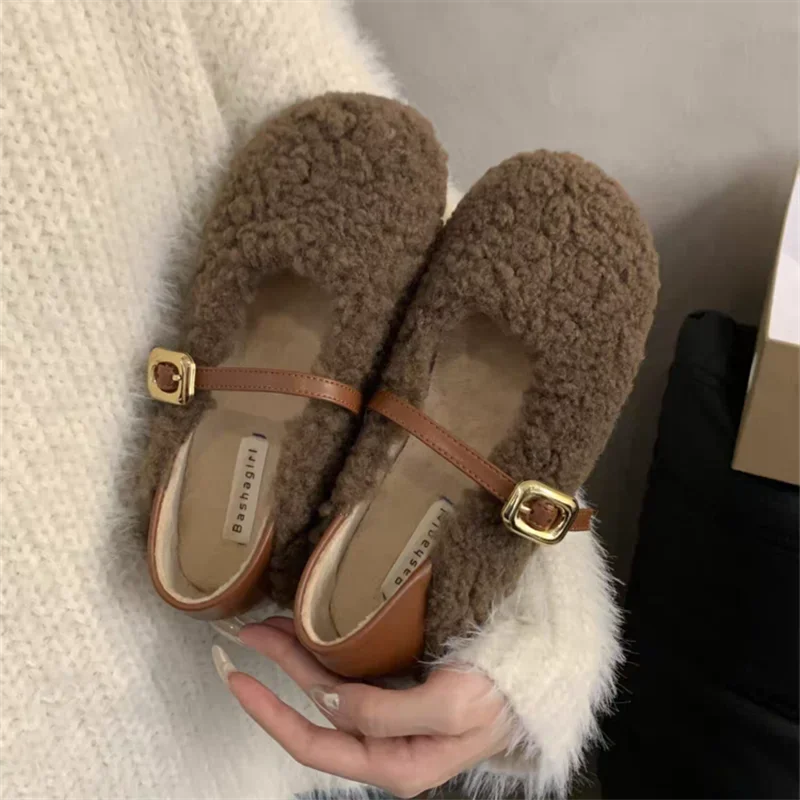 2024 Doudou Shoes Women's Buckle with Velvet Cotton Shoes Women's Shoes One Button Autumn and Winter Fury