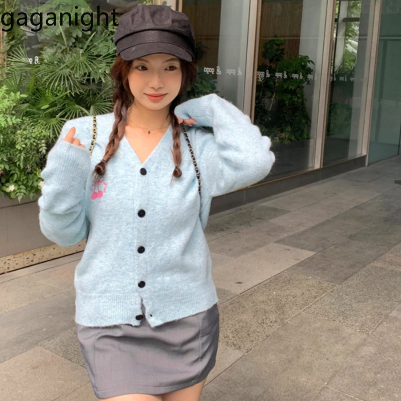 Gaganight Women Cherry Mixed Color Blue Embroidered Knitted Cardigan 2024 Women's Autumn Winter Gentle Style V neck Female Shirt