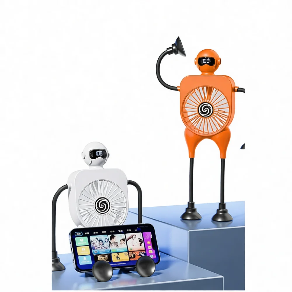 Creative Robot Desktop Fan Portable Rechargeable Cooler Suction Cup Wall Hanging Silent Air Circulation For Study Office Dorm
