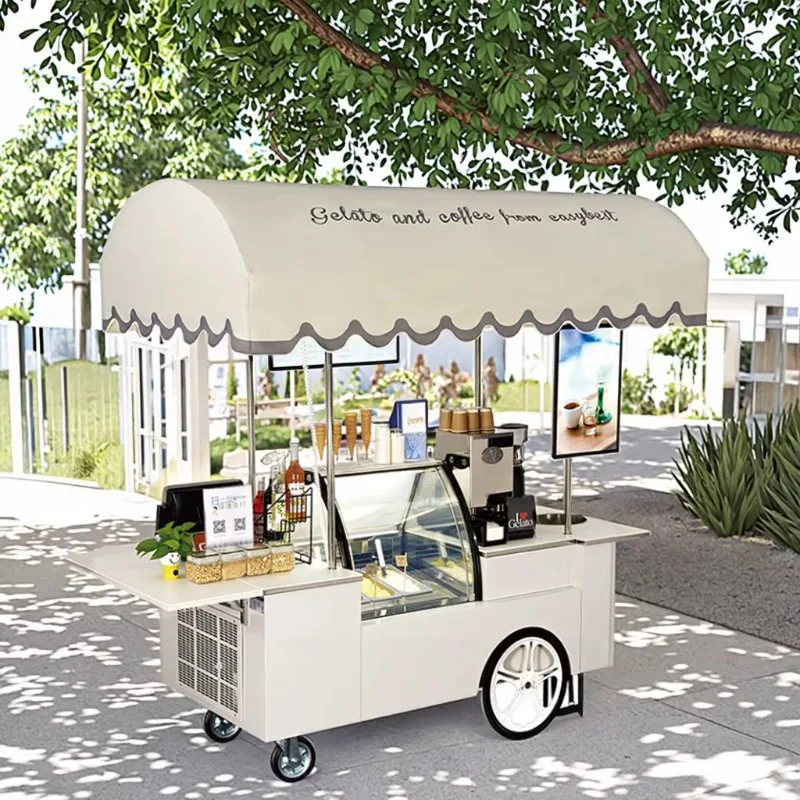 

Most Popular Multifunctional Gelato Cart Ice Cream Cart Trolley Display For Commercial Use Double Axles Donuts Car Customized L