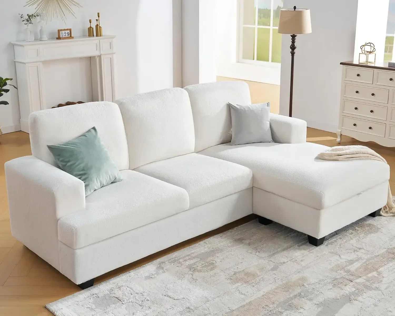 89 Inch L Shape Couch, Reversible L Shape Sofa with Chaise, Convertible Sofa, L Couches for Living Room, Offwhite Bouclé