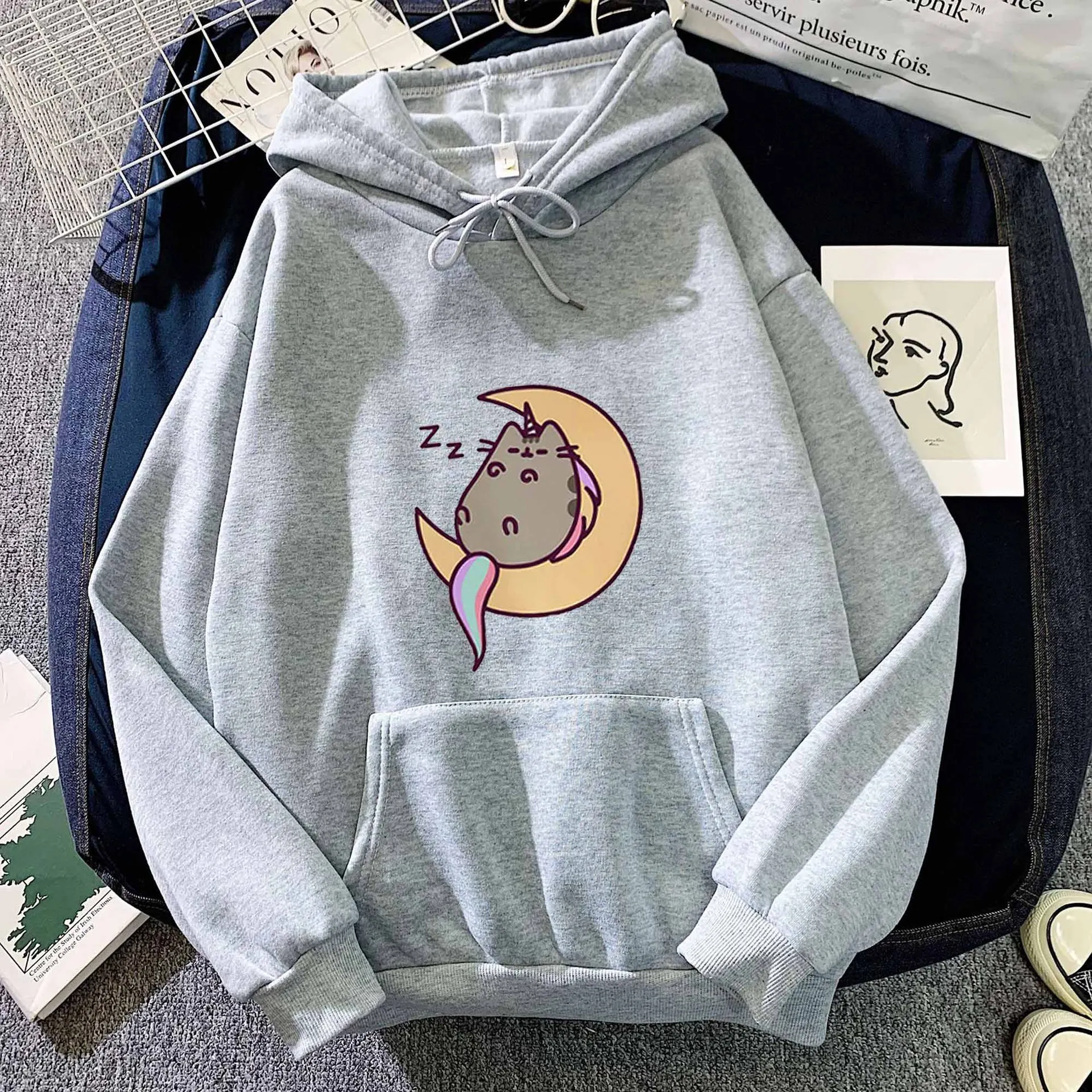 

New autumn and winter women's clothing monthly cat print hooded sweatshirt trend loose and versatile top fashionable hooded swea