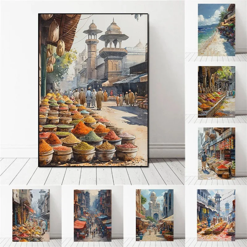 Póster de arte mural cultural bengalí con pintura de acuarela del mercado callejero de Karachi, Lahore, Pakistán, impresión en lienzo, decoración del hogar del sur de Asia