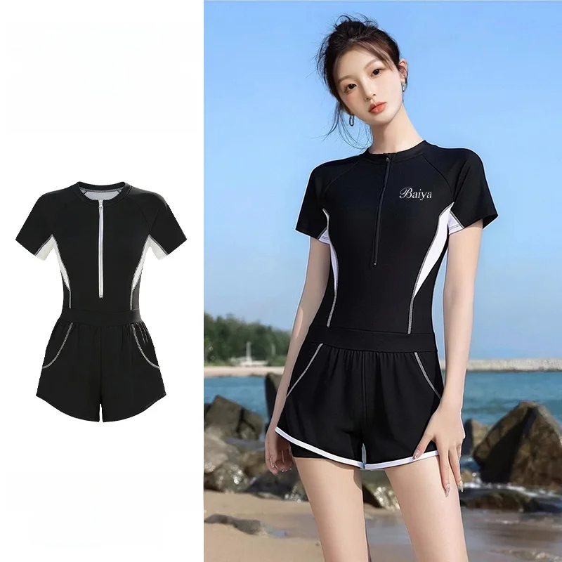 Sports Style  Swimsuit Quick Dry Conservative Cover up Slimming Effect Beach Vacation Training Swimwear for Women