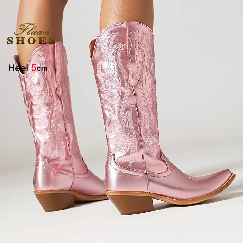 

Стильные крутые ковбойские сапоги в стиле вестерн с вышивкой, высокие сапоги 5 см, женские осенние армейские ботинки на массивном каблуке для сценического шоу, женская обувь большого размера