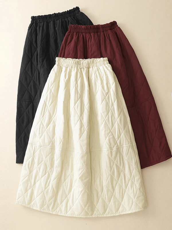 Thickened Lightweight Artistic Japanese Style Diamond Pattern Cotton Inserted Half Skirt Women Winter Large Size Lantern Skirt