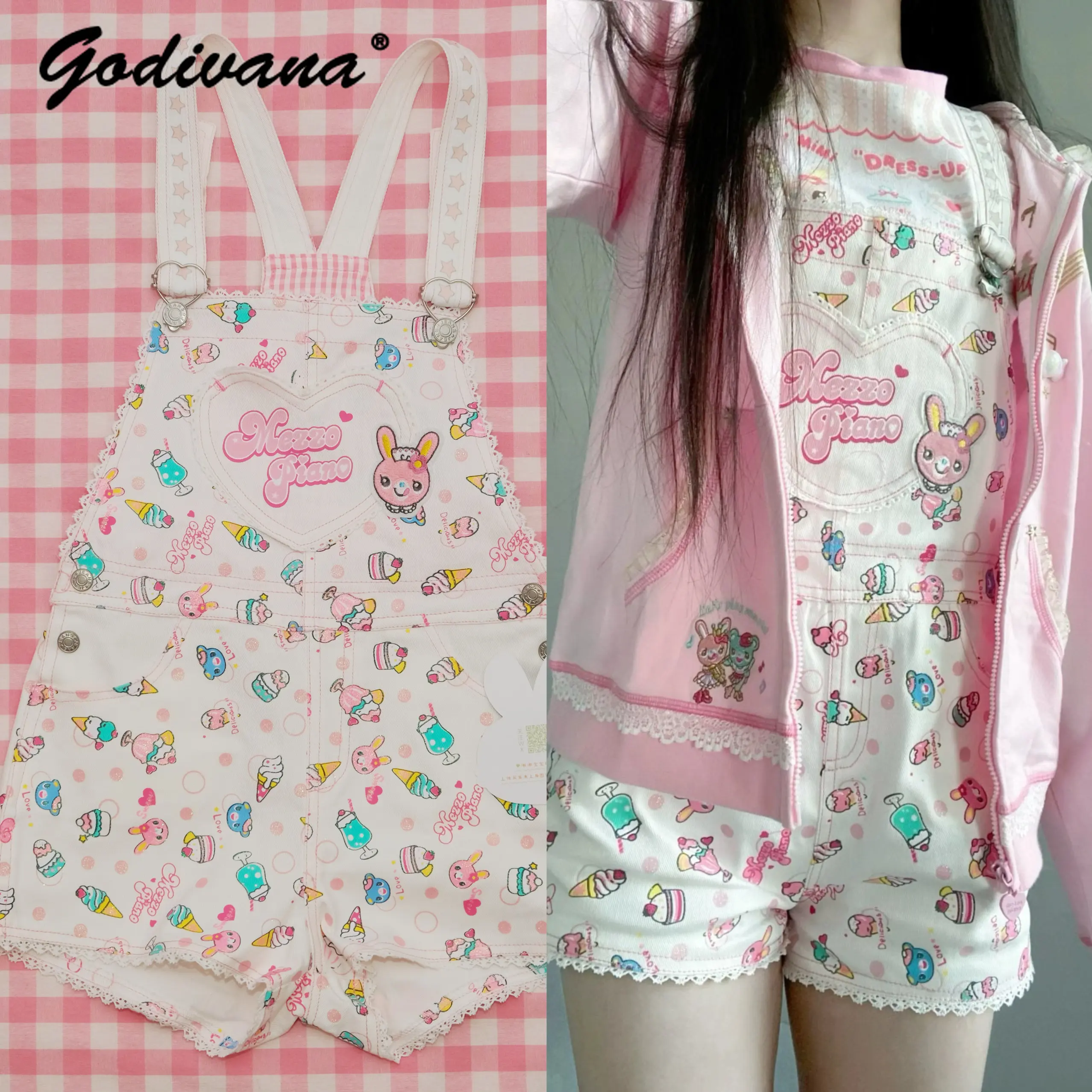 

Japanese Y2K Cute Suspender Shorts New Spring and Summer Kawaii Cartoon Printed Sweet Teenage Girl Outfit Romper Playsuits