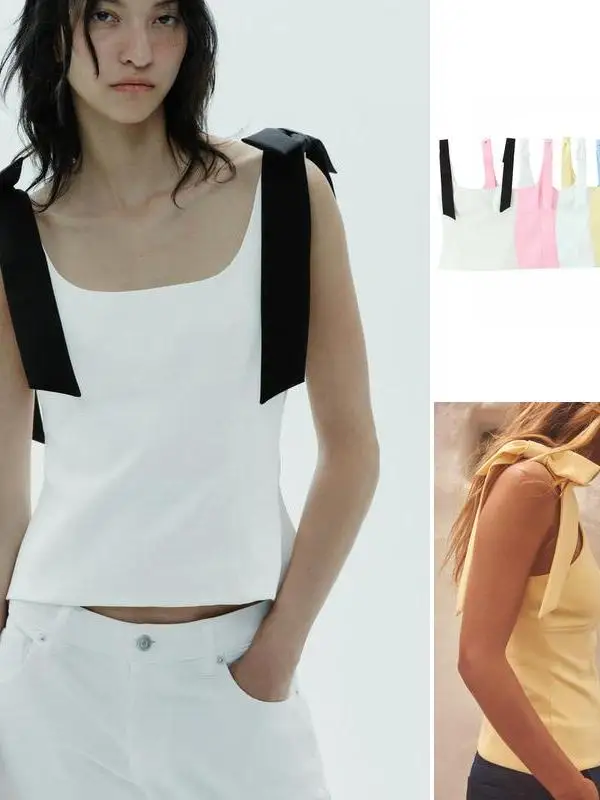 Top doce e suave com gola quadrada decorada com nó da série Spring da Jiangsu Warehouse Light Spring Sle Feminino F...