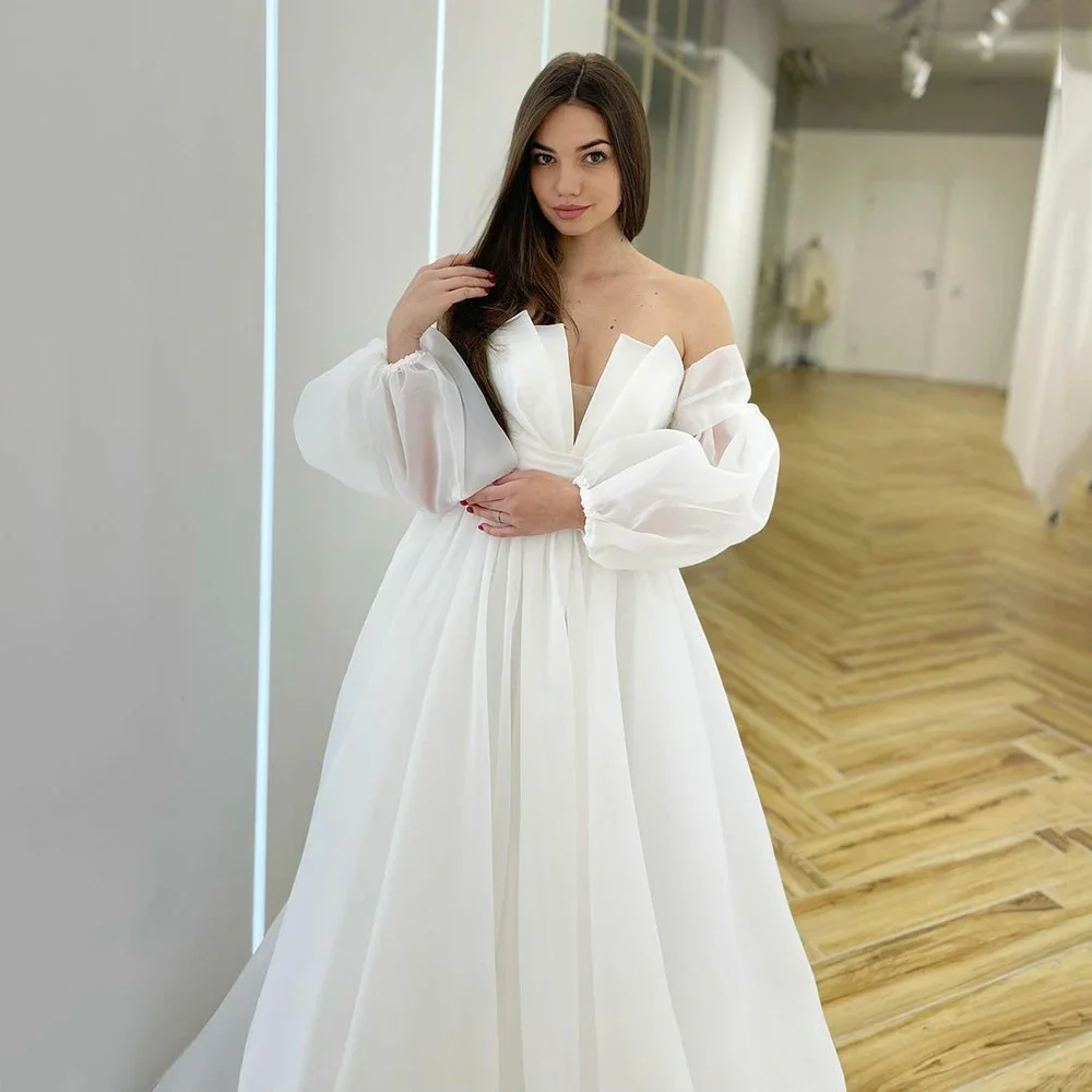 

Strapless Ruched Neck Organza Wedding Dresses With Removeable Sleeves A-line Bridal Dress Floor Length customized Bridal Gown