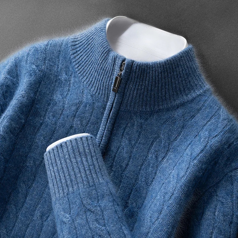 CHICUU Men's 100% Cashmere Sweater Mock Neck Zipper Cable Knit Pullover Autumn Winter Thick Warm Preppy Style Cashmere Knitwear