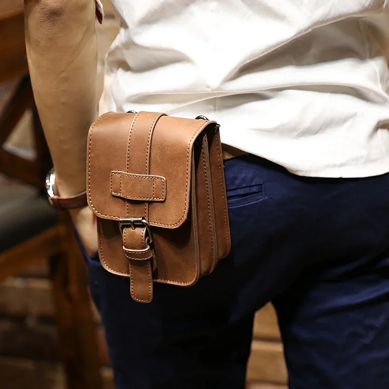Retro Crazy Horse PU Leather Mens Waist Bag Travel Fanny Pack Belt Loops Hip Bum Bag Wallet Purses Phone Pouch